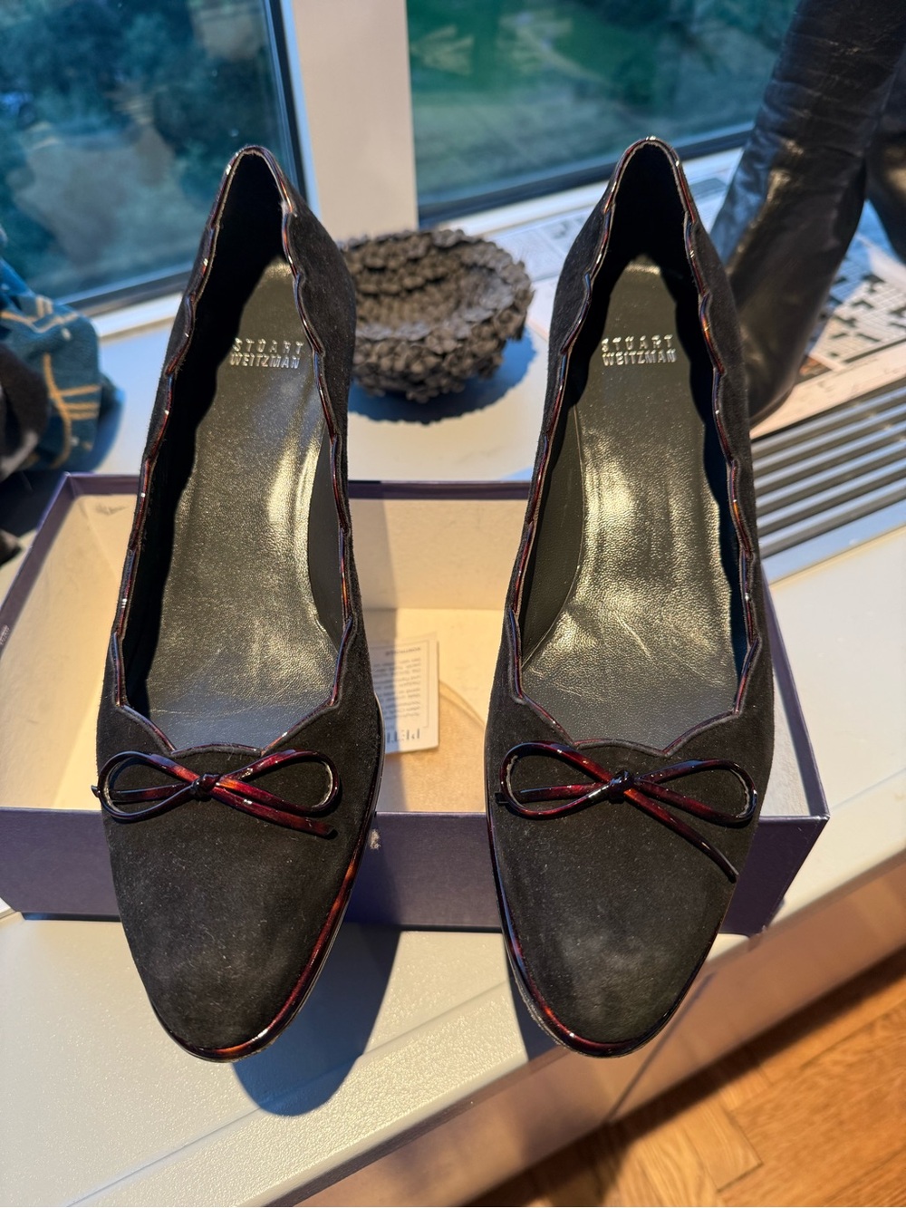 Stuart Weitzman Black Suede Ballet Flats with Red Trim